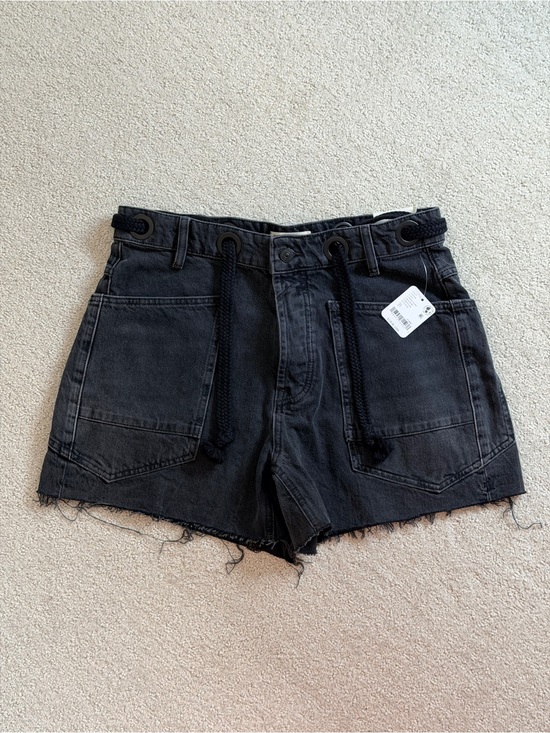Free People Pants - Free People Moxie Black Raw-Hem High-Rise Denim Shorts with Drawstring